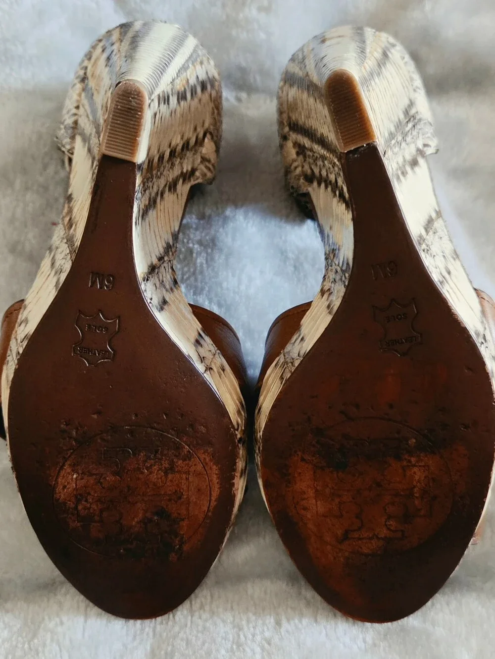 Tory Burch Brown Leather Wedge Sandals with Snakeskin Trim